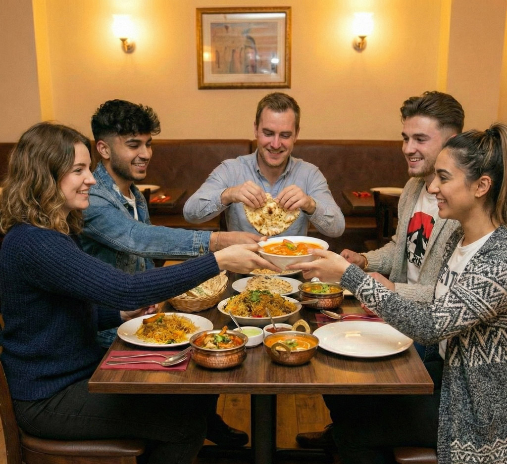 Friends laughing and sharing food